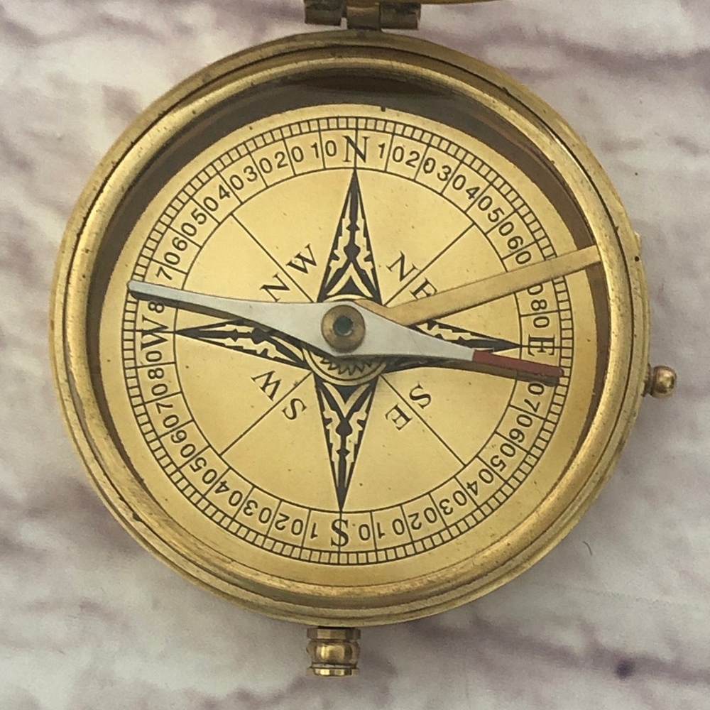 3” Brass Magnetic Pocket Compass with 4” Wooden Box - Gold Tone Vintage